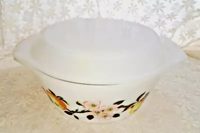 Buy Milk Glass White Fruit & Flowers Casserole Dish With Glass Lid - 1960s Vintage • 10£