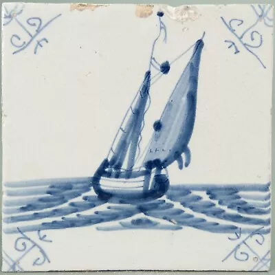 Buy Nice Dutch Delft Blue Tile, Sailboat, Circa 1800. • 61.67£