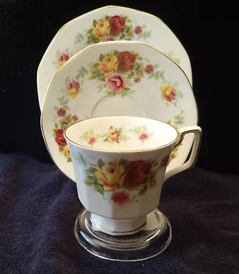 Buy VINTAGE QUEEN's FINE BONE CHINA  ROSINA  PINK, RED AND YELLOW ROSES TRIO • 28.30£