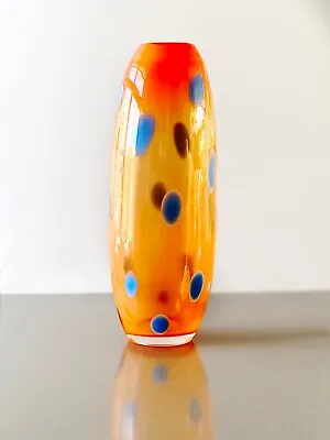 Buy Art Glass Vase Orange With Blue Dots By Ristomatti (Marimekko) Ratia, Finland • 125.19£