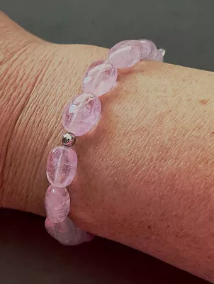 Buy LALIQUE Pebble Pink Crystal Glass Beads Sterling Silver Tag Elastic Bracelet NIB • 184.71£
