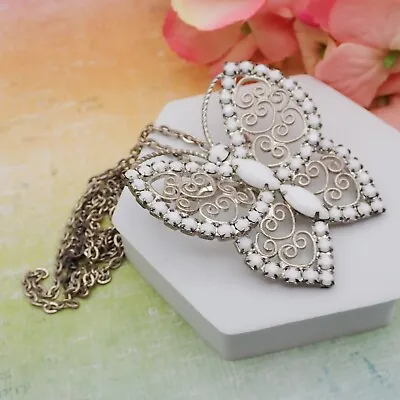 Buy White Milk Glass Scroll Butterfly Pin Brooch 22  Silver Tone Necklace Pendant • 47.37£