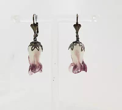 Buy Beautiful Art Nouveau Inspired Amethyst Purple Tulip Flower Glass Drop Earrings • 16£
