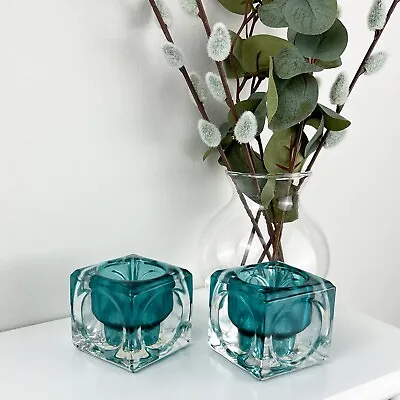 Buy Glass Candle Holder Set Of 2 Candlestick Tapered Tea Light Retro Cube Home Decor • 13£