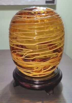 Buy VTG Amber Glass Vase Applied Thread Blown Unmarked Crack Bubble Heavy • 33.29£