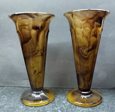 Buy Fine Pair Of 1930s Davidson No. 51 Cloud Glass Amber Brown Trumpet/sundae Vases • 18£