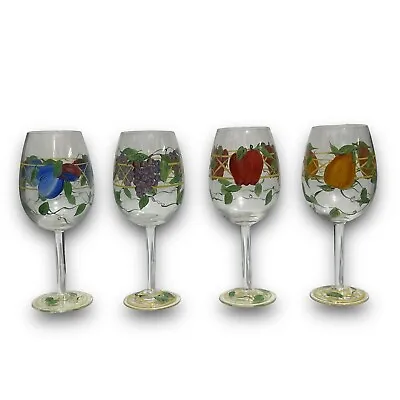 Buy Hand Painted 12 Oz Grape Apple Orange Cluster Clear Crackle Wine Glasses 4 Pack • 62.61£