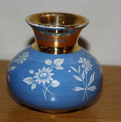 Buy Vintage PRINKNASH POTTERY 3'' Vase, Blue Floral With Gold Neck • 15£