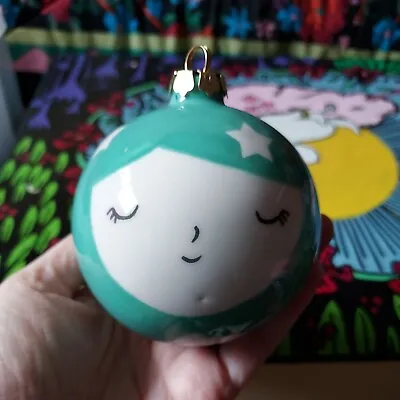 Buy Stunning 9cm Pottery Face Bauble With Stars Artisan Christmas Teal • 15£