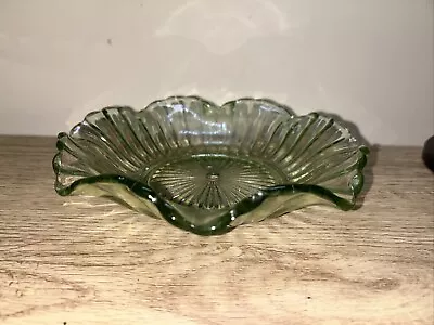 Buy Green Glass Bowl Wavy Edge Serving Centre Piece Dish Depression Glass • 14£