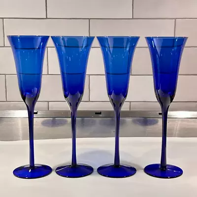Buy Lovely Cobalt Blue Glass 10.5”T Champagne V-Shape Flutes~Set Of 4~Mint! • 23.04£