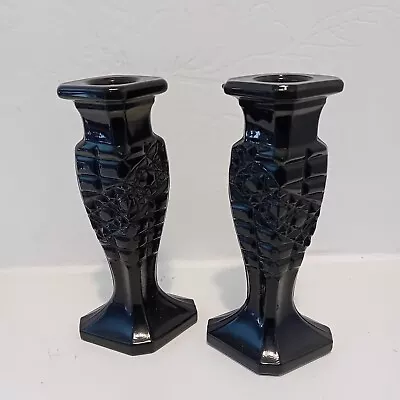 Buy Set Of 2 Vintage Black Glass  Candlesticks Holders 6 Ins Tall Pressed Glass • 9.99£