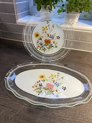 Buy 2 Vintage Chance Glass Serving Plates/Platters Hedgerow Flower Design 1980's • 18£