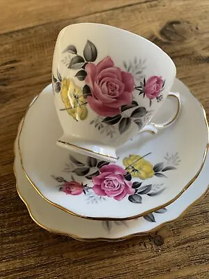 Buy Vintage Royal Vale Trio Teacup Saucer Side Plate Pink & Yellow Roses Bone China • 10.99£