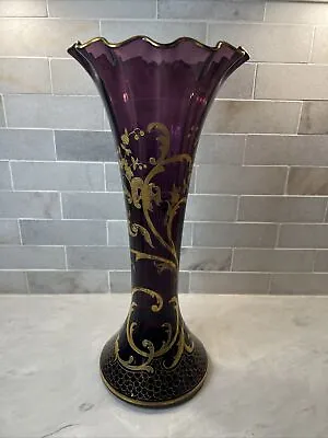 Buy Mont Joye Amethyst Glass Art Nouveau 16” Ruffle Rim Vase Gold Detail Large • 118.54£