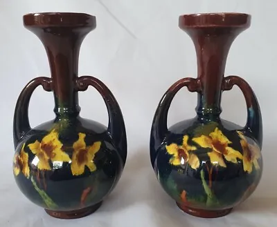 Buy Austrian Pair Of Barbotine Painted Twin Handled Vases, Circa Approx 1900 • 75£