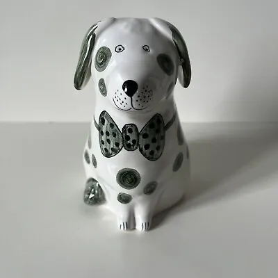 Buy Rye Pottery Dog Animal Figurine Green Dots & Bow Tie 14cm / 5.5 Inches Tall • 19.99£