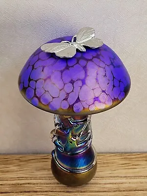 Buy Neo Art Glass Handmade Iridescent Purple & Blue Mushroom Paperweight Butterfly • 24£