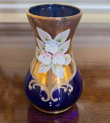 Buy Czechoslovakia Bohemian Cobalt Blue Gilt Glass Gold 3 1/2”Vase Applied Floral • 22.06£