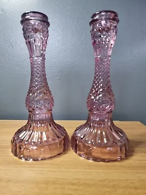 Buy Vintage Pair Pressed Glass Candlesticks  Pink Diamond Facets Pattern • 19.99£