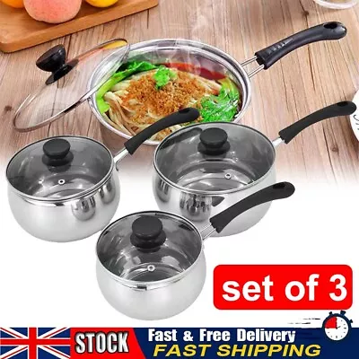 Buy 3Pcs Induction Pan Set Saucepan Set Cookware Pot Stainless Steel With Glass Lids • 11.99£