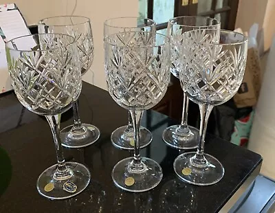 Buy Six Long Stem Bohemian Czech Crystal Wine Glasses Vintage Fine Cut • 29.99£