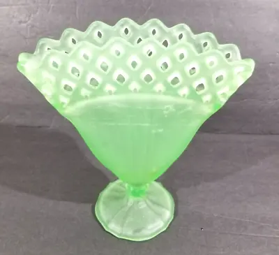 Buy Vintage Green Satin Glass Open Lattice  Fan Vase - Glows • 85.48£