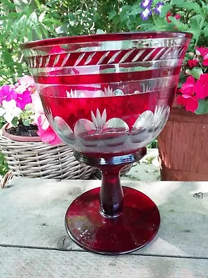 Buy Vintage Czech Bohemian Ruby Flash Glass Pedestal Bowl • 28£
