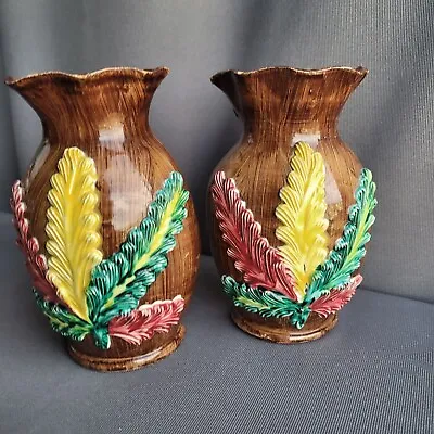 Buy Pair Vintage Wall Pocket Vases Ceramic Flowers Vintage 1960s Brown Pink Yellow  • 9£
