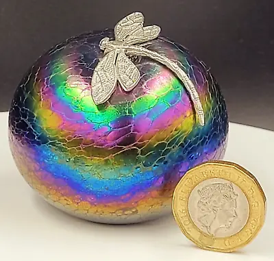 Buy Neo Art Glass Multi Ridescent Glass Paperweight With Silver Dragonfly K.Heaton • 24£
