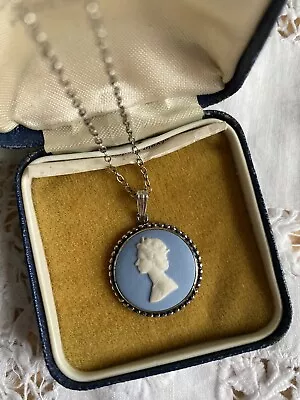 Buy Vintage Wedgewood Blue Jasperware Pendant On Silver Necklace Original Box • 35£