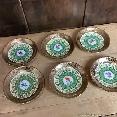 Buy 6 Royal China Limoges French Small Saucer Plates Gold Rims Green Floral • 38.41£