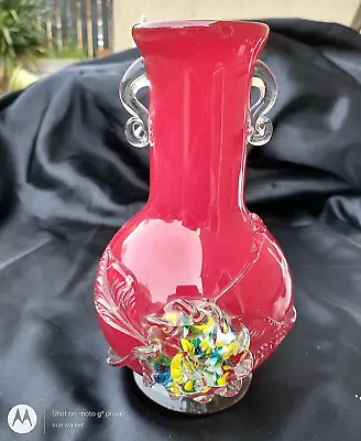 Buy Beautiful Murano Red Glass Vase With Milk Glass Interior & Clear Handles/flower • 28£