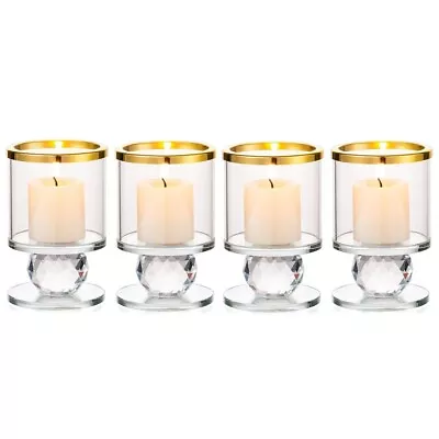 Buy Set Of 4 Crystal Pillar Candle Holders - Elegant Glass Tealight Stand For Candle • 16.99£
