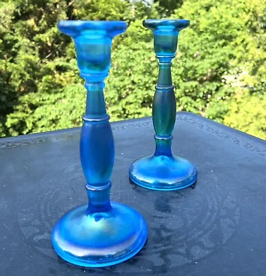 Buy Royal Blue Fenton Iridescent Art Glass 8 3/8  Candlestick Candle Holder Pr Antiq • 71.34£
