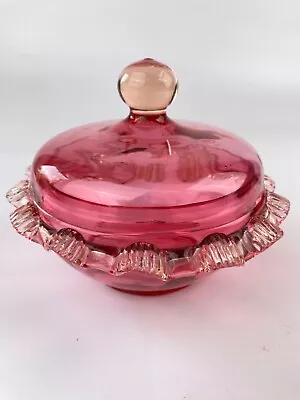 Buy Antique Victorian Cranberry Glass Lidded Dish, Clear Glass Ribbon Accents  • 45£