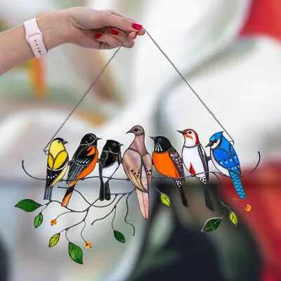 Buy 7 Birds Stained Glass Birds On A Wire Window Panel Hanging Hardware Ornament • 5.93£
