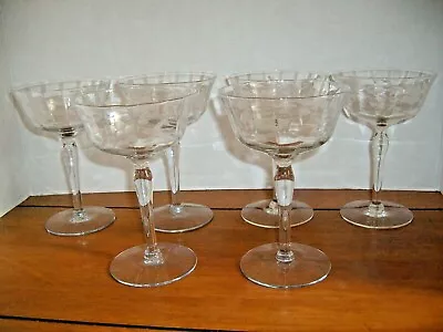 Buy Antique Set 6 Etched Glass Crystal Floral & Leaf Cordial-tall Stems • 48.02£