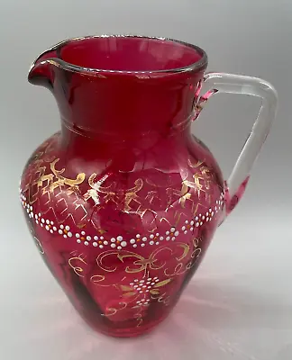 Buy Antique Victorian Cranberry Glass Jug With Gilded Jewelled Decoration C.1890 • 28£