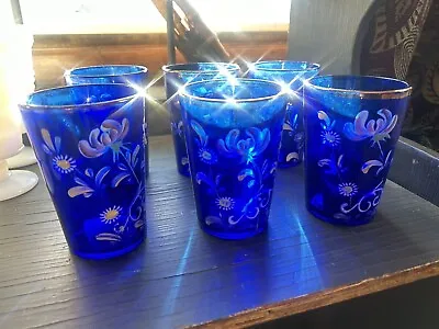 Buy Antique Victorian Floral Cobalt Blue Glass Tumblers Hand Painted Set Of 6 • 61.64£