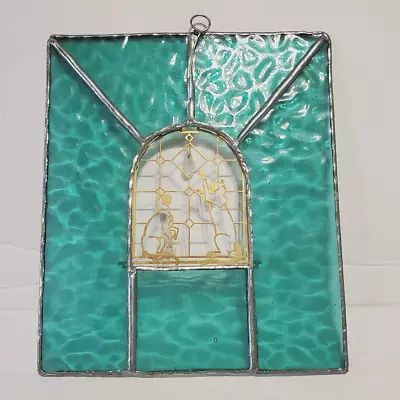 Buy Sun Catcher Turquoise Stained Glass Window Hanging With Two Metal Cats In Center • 33.62£