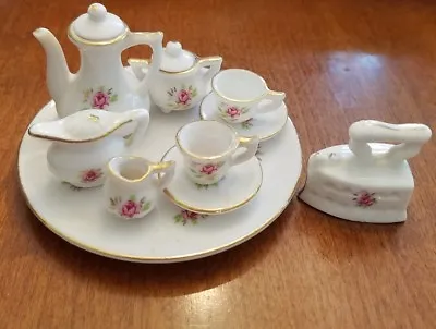 Buy Vintage Victorian Style 11 Piece Miniature Rose Pattern Porcelain Tea Set & Iron • 17.24£