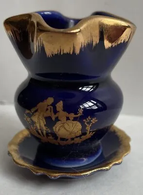 Buy Vintage Limoges France Cobalt Blue And Gold Mini Vase With Plate Courting Couple • 28.41£