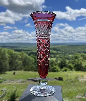 Buy Cranberry Red Bohemian Cut To Clear Crystal Vase Geometric Footed Base 9.5” (G39 • 28.41£