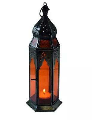 Buy Lantern Candle Holder Hexagonal Zinc Antique Embossed Red And Orange Glass • 13£