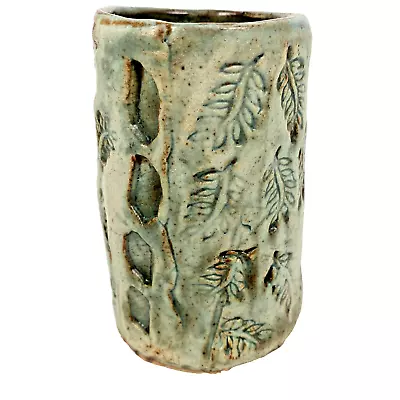Buy VTG Primitive Slab Built Pottery Vase 4.5  Pen Brush Pot Leaves Wabi Sabi Signed • 21.99£