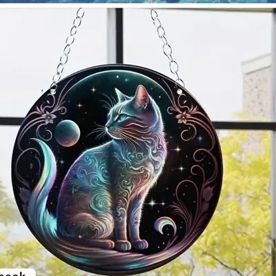 Buy 15 Cms Moon  &  Cat Stained Glass Effect Sun Catcher / Window Picture • 12£