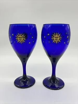 Buy Vintage Libby Celestial Cobalt Blue Wine Glasses 2 Stemmed Goblets Moon Sun Star • 43.53£
