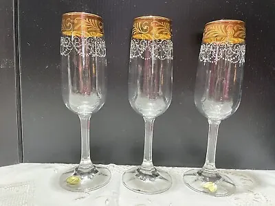 Buy 3 Tiffin Franciscan Crystal Gold, Etched Dec. Floral Champagne Glasses (8”) • 73.05£
