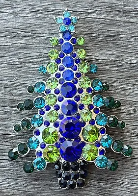 Buy Vintage Christmas Tree Crystal Rhinestone Brooch Pin Royal Aqua Blue Green Multi • 9.48£